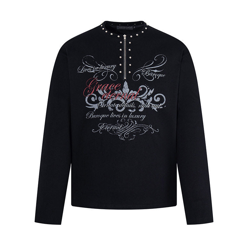 Women's long sleeve shirt with half zipper, studded collar and baroque text print Mune Fashion