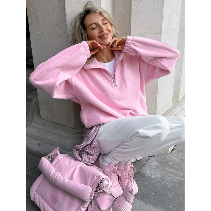 Women’s Oversized Fleece Pullover with Half Zipper and Stand-Up Collar Mune Fashion