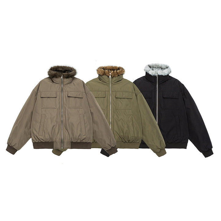 Men's Quilted Short Bomber Jacket with Removable Faux Fur Hood and Patch Front Pockets Mune Fashion