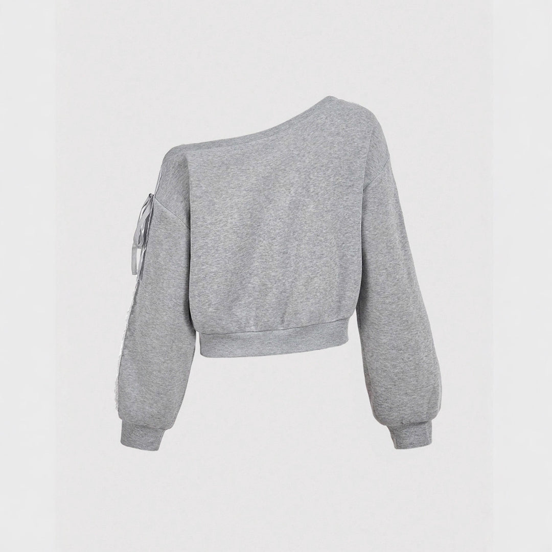 Women's Cropped One-Shoulder Sweatshirt with Balloon Sleeves and Lacing Detail Mune Fashion