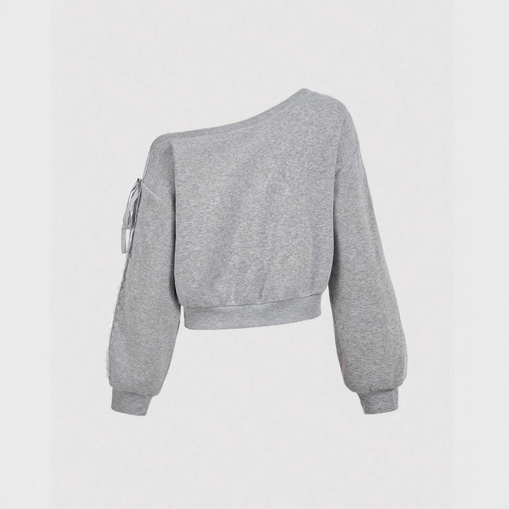 Women's Cropped One-Shoulder Sweatshirt with Balloon Sleeves and Lacing Detail Mune Fashion