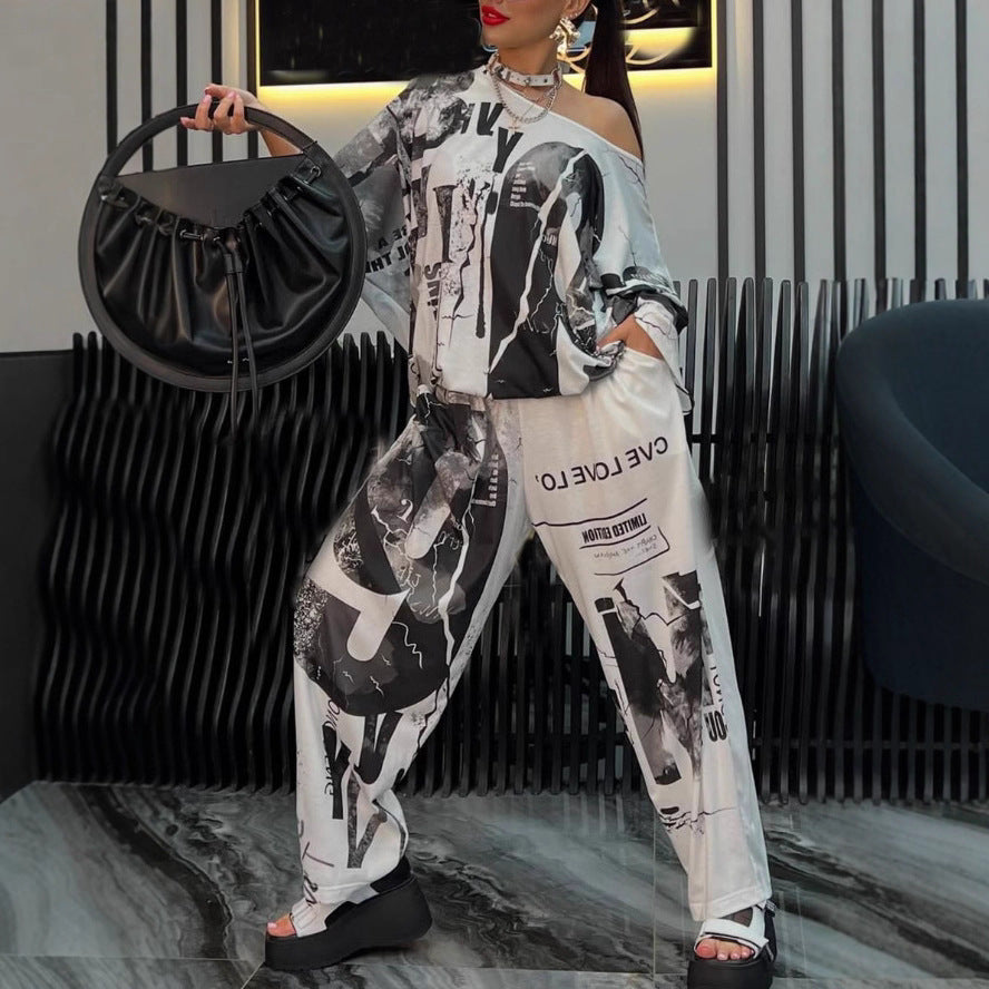 Ladies two-piece wide satin leisure set with off-shoulder batwing top and palazzo pants Mune Fashion