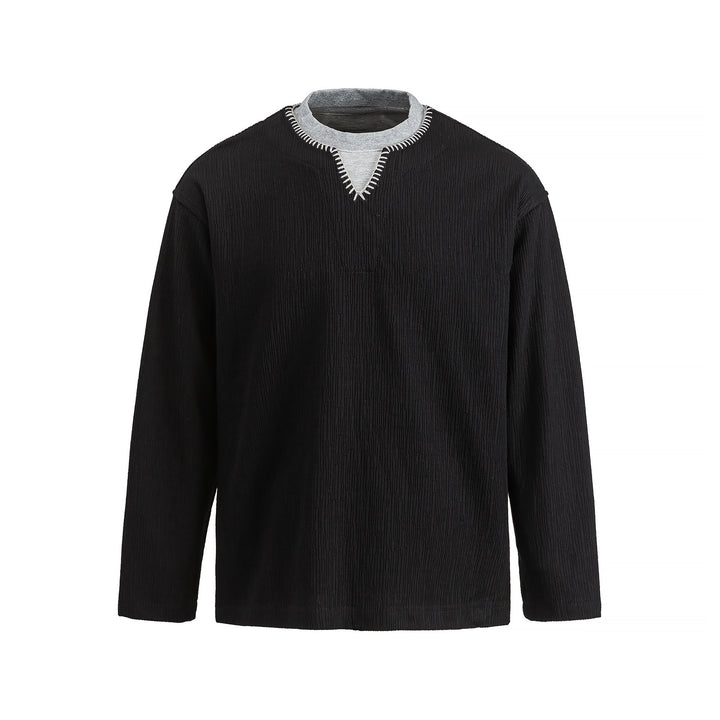 Men's Textured Sweatshirt Pullover with Layered Collar and Decorative Decorative Seam Mune Fashion