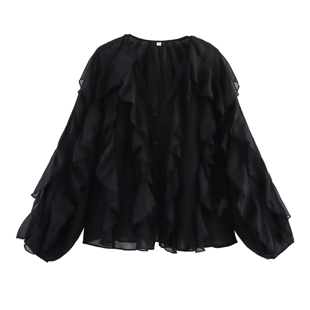 Women's Chiffon Blouse with Ruffles and Balloon Sleeves Mune Fashion