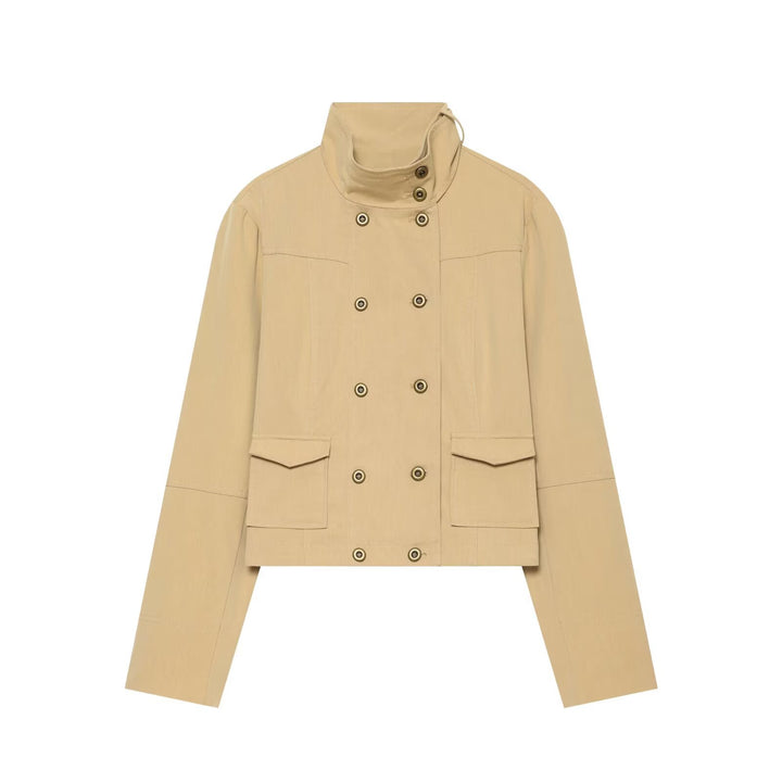 Women Cropped Double-Breasted Utility Jacket with High Stand Collar Drune