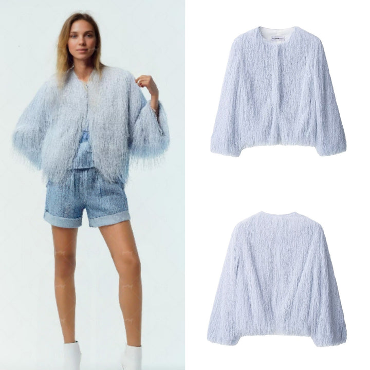 Women's Fluffy Fringe Jacket with Round Neckline and Boxy Cut Mune Fashion