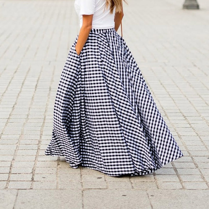 Women’s flared maxi skirt with gingham check, high waistband, and side pockets Mune Fashion