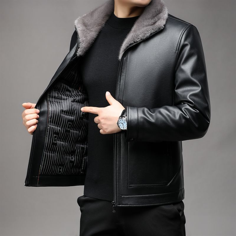 Men's faux leather jacket with teddy fur collar and warming thermal lining Mune Fashion