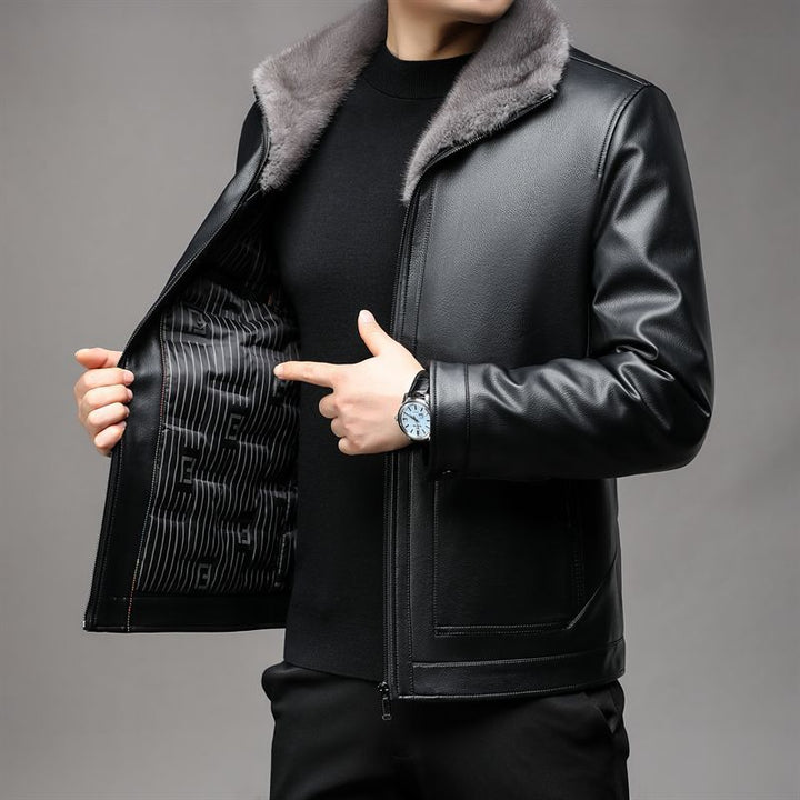 Men's faux leather jacket with teddy fur collar and warming thermal lining Mune Fashion
