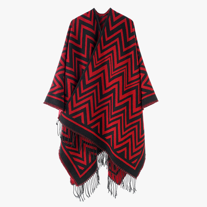 Women's Rectangular Zigzag Wool Blend Wrap with Fringe Hem and Open Fall Mune Fashion