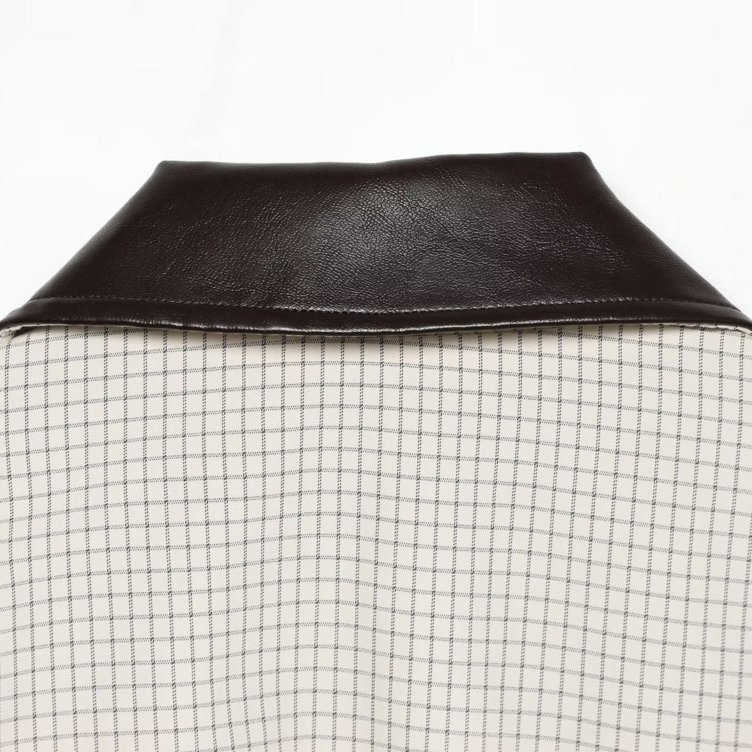 Women's Cropped Blouson Jacket in Boxy Cut with Fine Check Pattern and Contrast Faux Leather Collar Mune Fashion