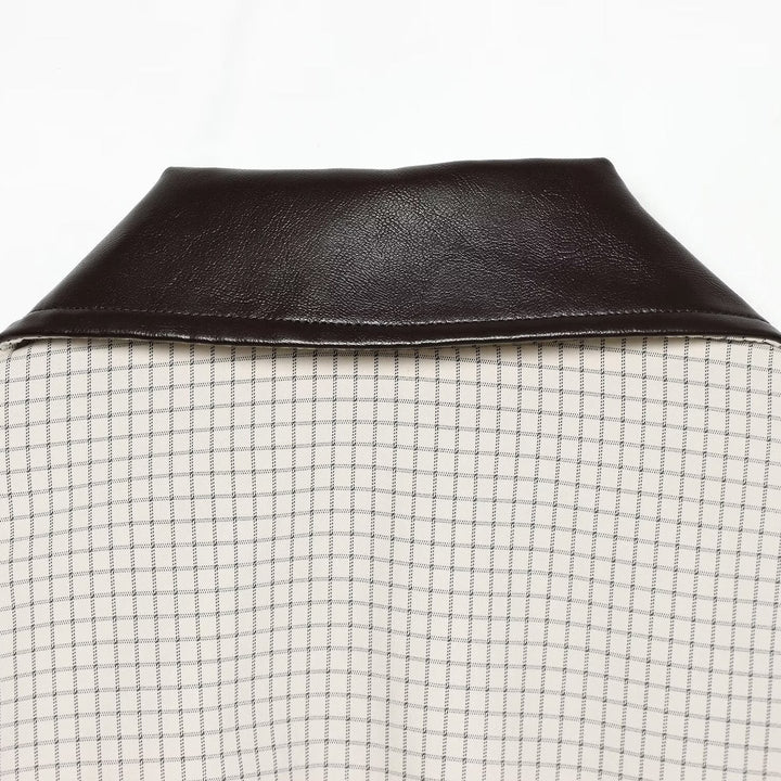 Women's Cropped Blouson Jacket in Boxy Cut with Fine Check Pattern and Contrast Faux Leather Collar Mune Fashion
