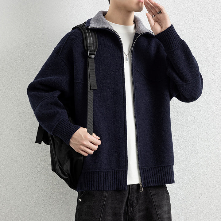 Men's knit zip jacket with contrast collar and ribbed cuffs Mune Fashion