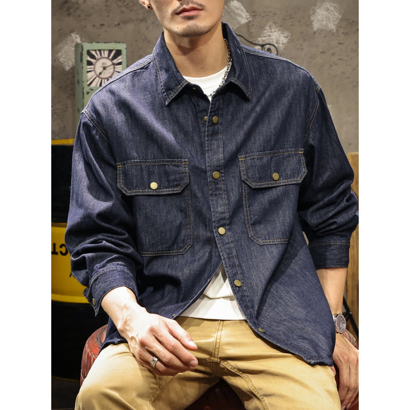 Men's Jeans Worker Shirt Jacket with Snap Button Closure and Overshirt Cut Mune Fashion