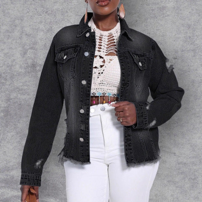 Women's Distressed Denim Jacket with Frayed Hem and Relaxed Fit Mune Fashion