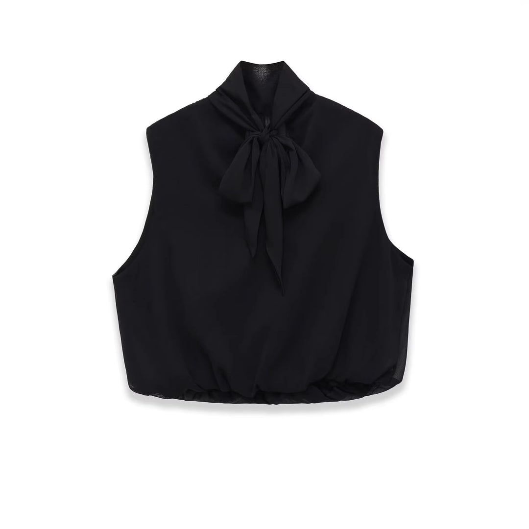 Women Sleeveless Chiffon Blouse with Bow Collar and Elastic Hem Mune Fashion