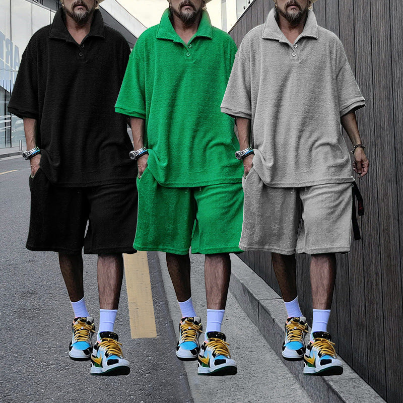 Men's urban wide leisure set with Henley collar, extended loose-fitting shirt and knee-length jersey shorts Mune Fashion