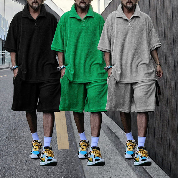 Men's urban wide leisure set with Henley collar, extended loose-fitting shirt and knee-length jersey shorts Mune Fashion