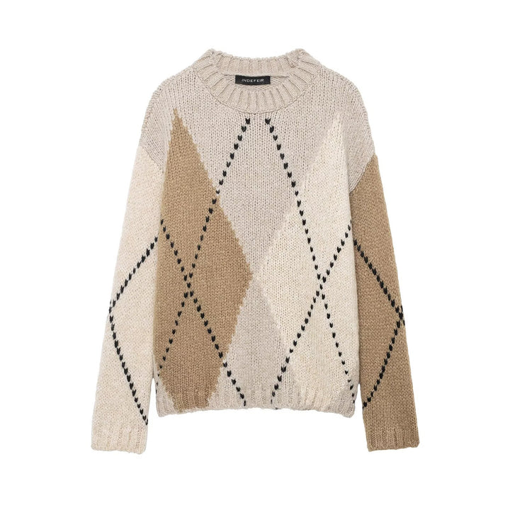 Women Chunky Knit Argyle Sweater with Oversized Cut and Ribbed Collar Mune Fashion