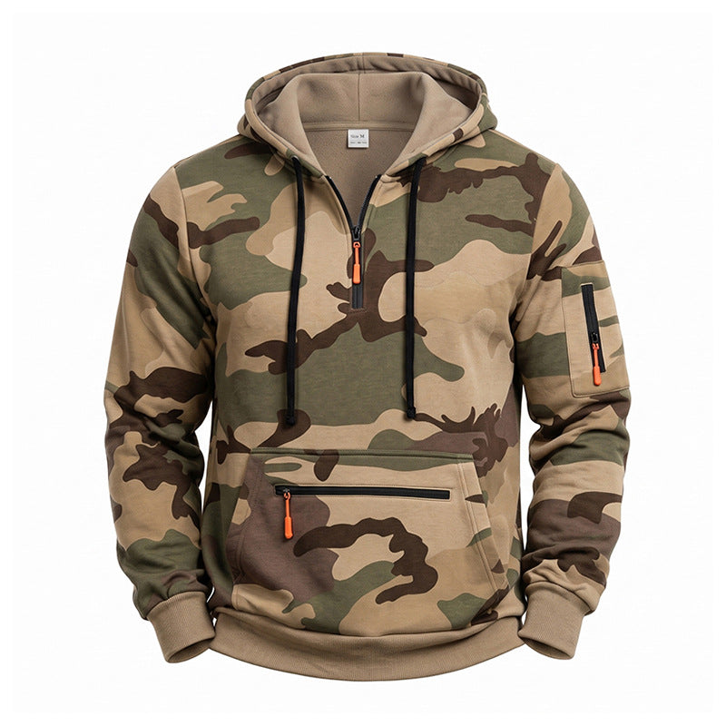 Men's Hooded Sweatshirt Camouflage with Fleece Lining, Half Zip and Zipper Pockets Mune Fashion