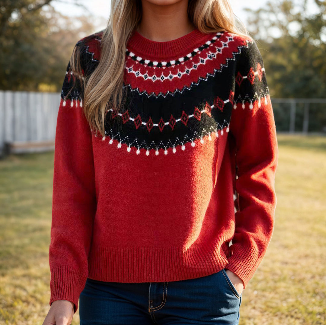 Women's Norwegian sweater with round neckline, jacquard yoke, and soft fine knit Mune Fashion