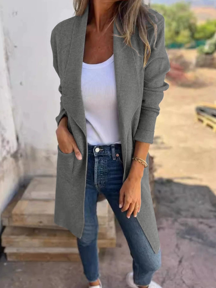 Women's Long Open Cardigan with Shawl Collar, Patch Pockets and Light Fall Drune