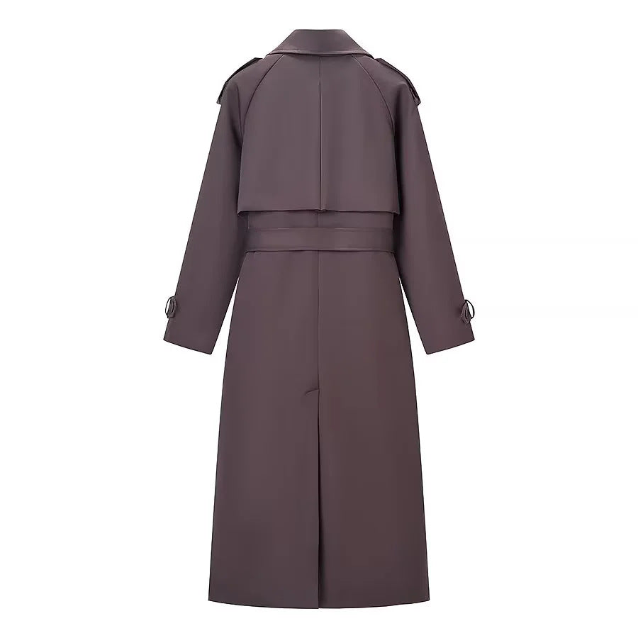 Women's longer double-breasted trench coat with waist belt, epaulettes, and storm flap Mune Fashion