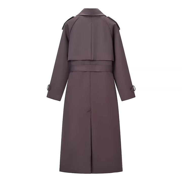 Women's longer double-breasted trench coat with waist belt, epaulettes, and storm flap Mune Fashion