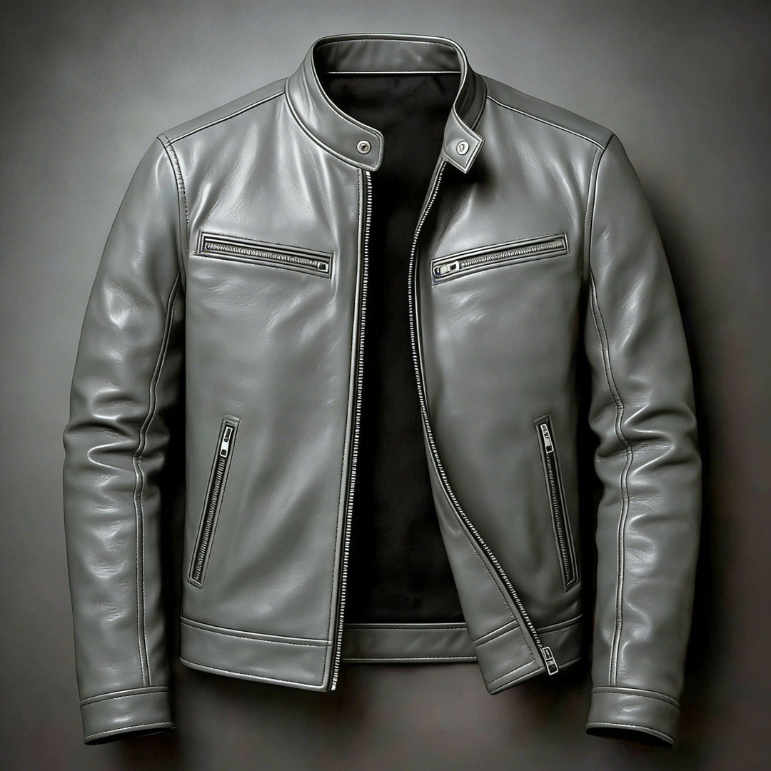 Men's Slim Fit Biker Leather Jacket made of Nappa Leather with Stand Collar and Zipper Mune Fashion