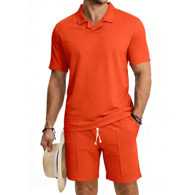 Men's short-sleeved polo lounge set with V-insert at the collar and drawstring bermuda Mune Fashion