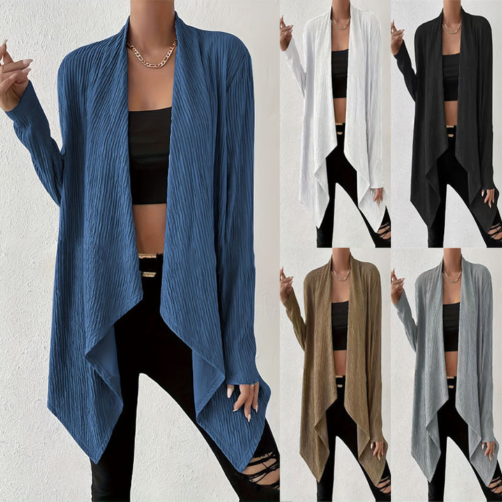 Women's Open Crinkle Cardigan with Waterfall Hem and Longline Silhouette Mune Fashion