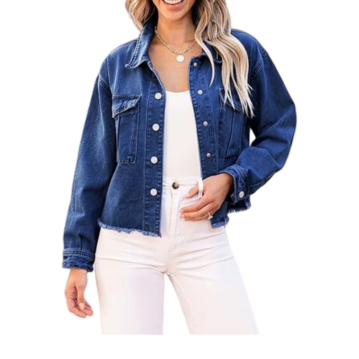 Women's cropped oversized denim jacket with raw hem and patch chest pockets Mune Fashion