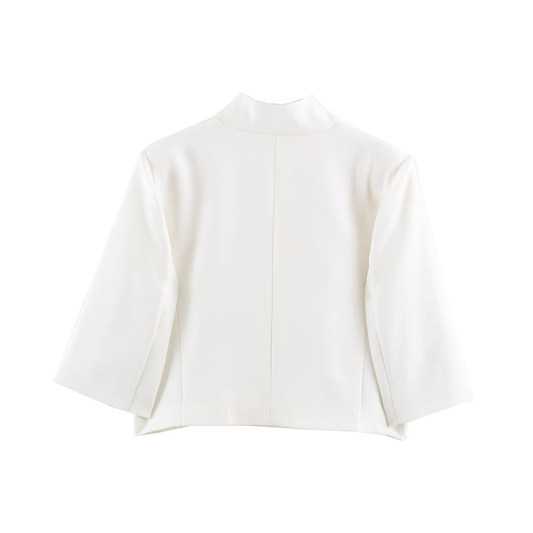 Women Elegant Cropped Jacket with Standing Collar, Concealed Button Placket and 3/4 Sleeves Mune Fashion