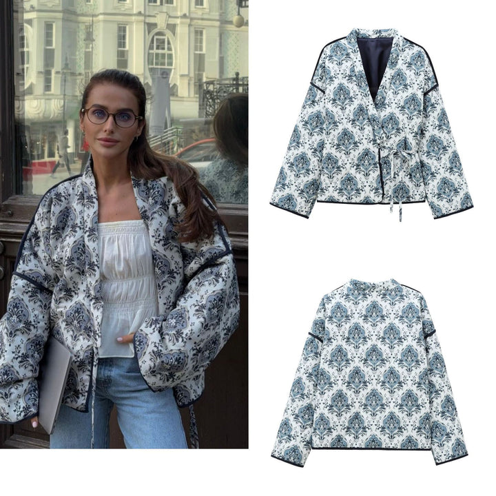 Women padded kimono jacket with waist belt and ornamental print Mune Fashion