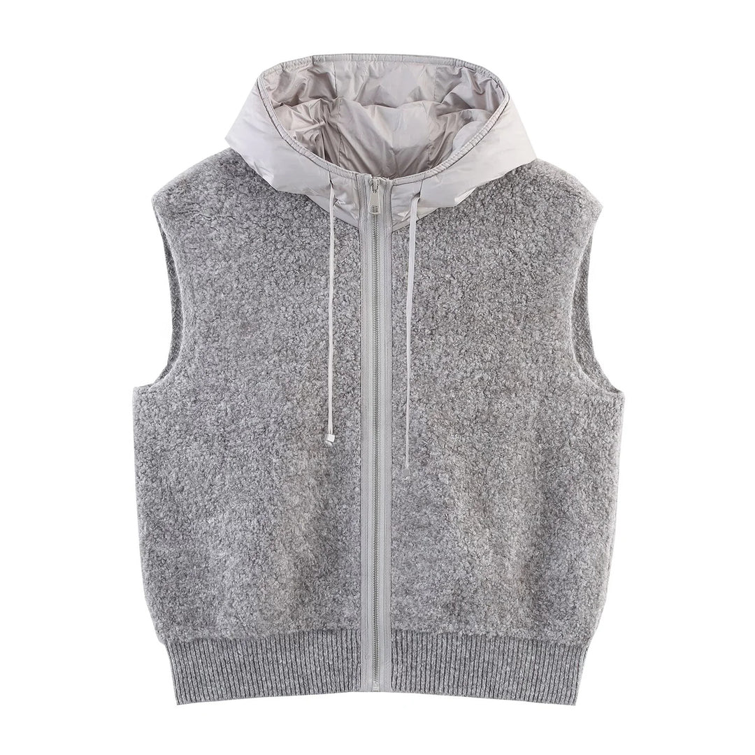 Women's Sleeveless Boucle Vest with Zipper, Padded Hood and Ribbed Hem Mune Fashion