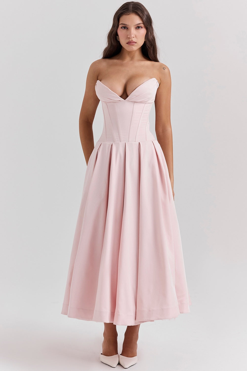 Women's strapless corset midi dress with pre-shaped bodice construction and flared circle skirt Mune Fashion