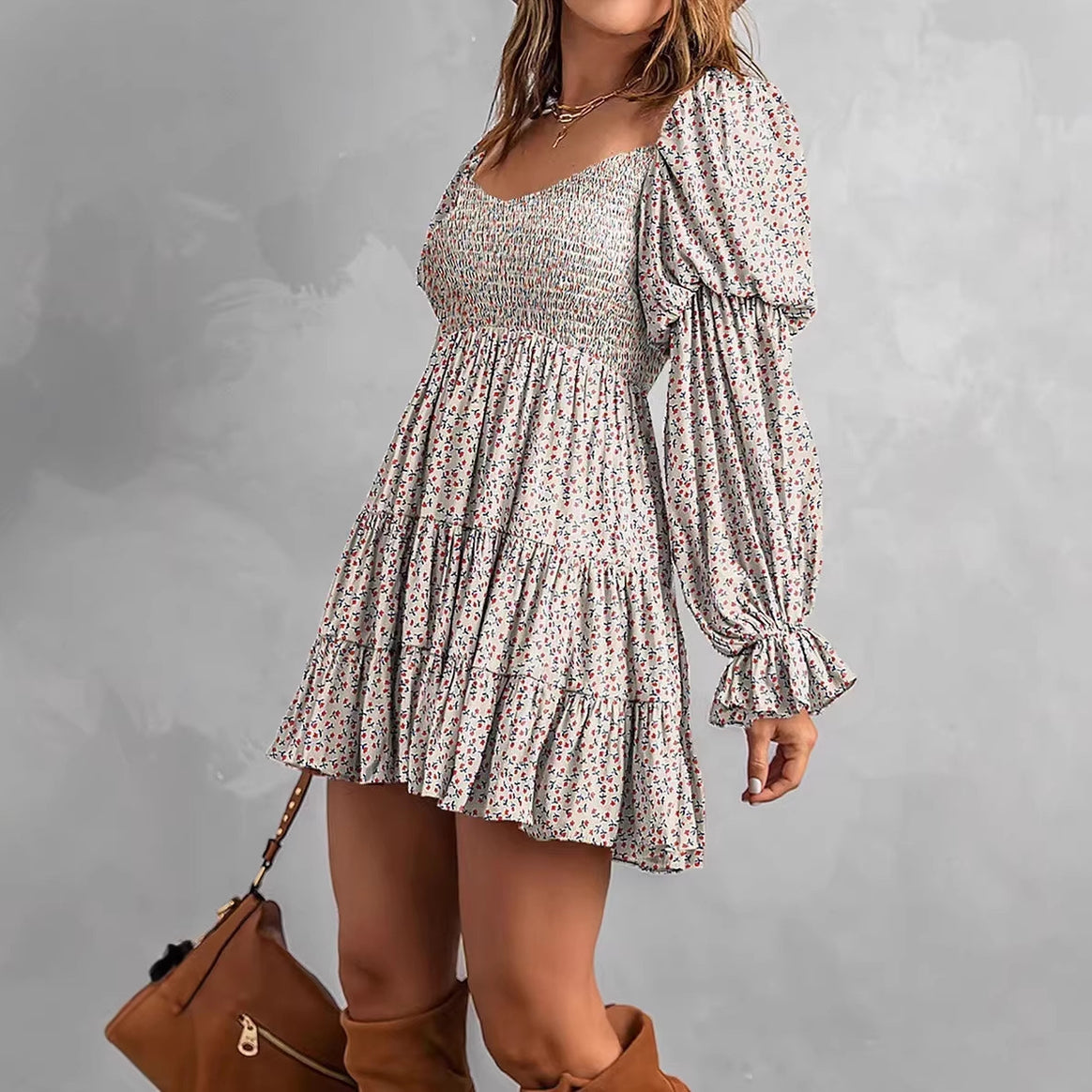 Women Off-Shoulder Mini Dress with Smocked Top, Ruffle Tiers and Gathered Balloon Sleeves Mune Fashion