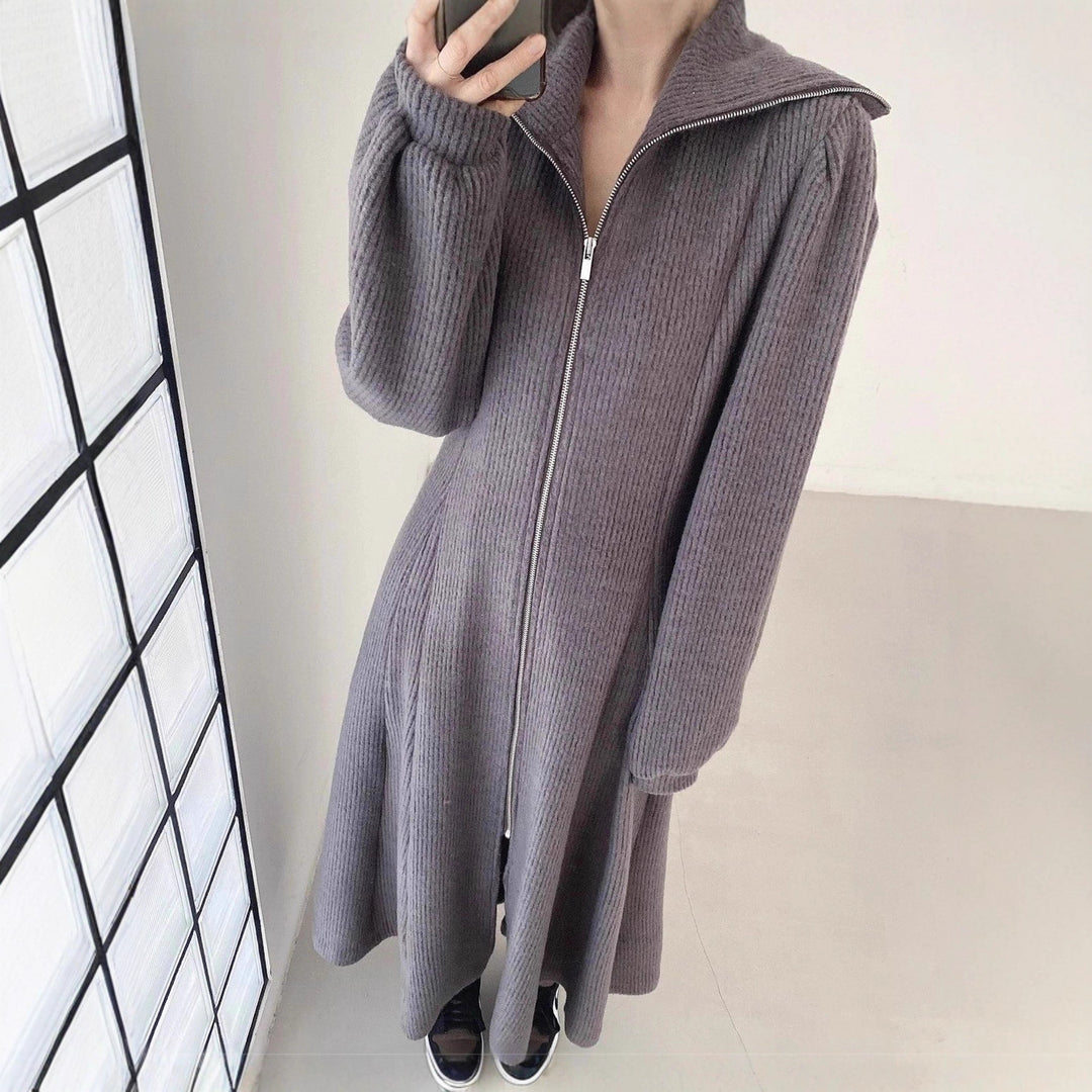 Women's Ribbed Knit Midi Dress with Zip Collar and Flared Skirt Mune Fashion