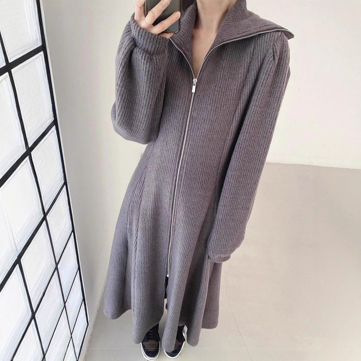 Women's Ribbed Knit Midi Dress with Zip Collar and Flared Skirt Mune Fashion