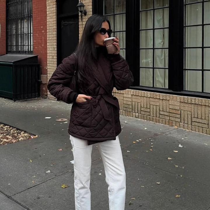 Women's wrap quilted jacket with tie belt at the waist and shawl collar Mune Fashion