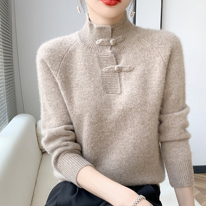 Women Cashmere-Look Mockneck Pullover with decorative KnMune Fashion button placket Mune Fashion