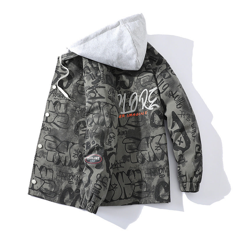 Men's Graffiti Print Hooded Parka with Zip-In Fleece Inner Layer Mune Fashion