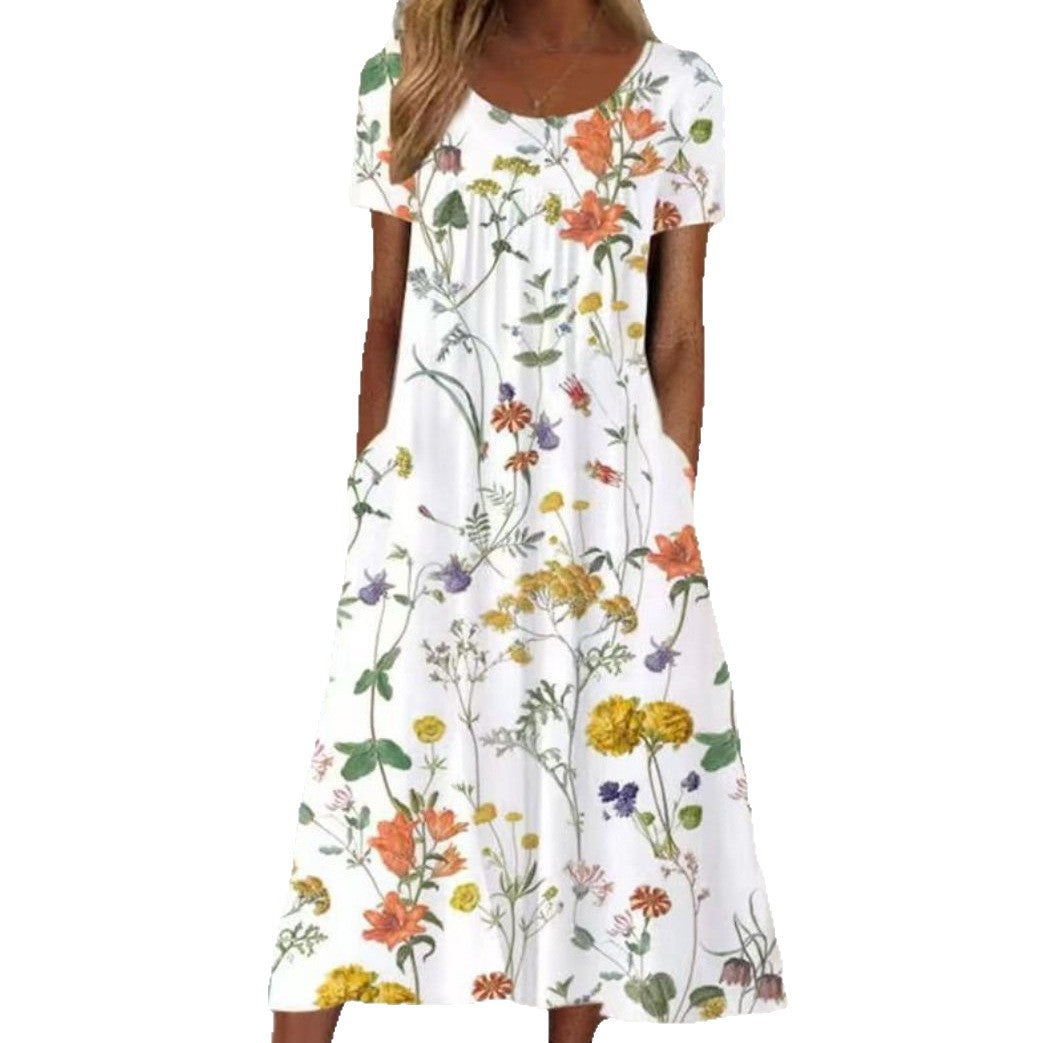 Women's summer A-line maxi dress with V-neck, short sleeves, and side pockets made of lightweight jersey Mune Fashion