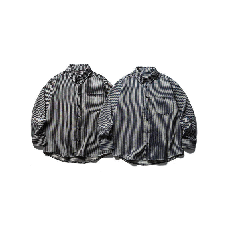 Men's loose-fitting striped cotton blend shirt with chest pocket and extended back Mune Fashion