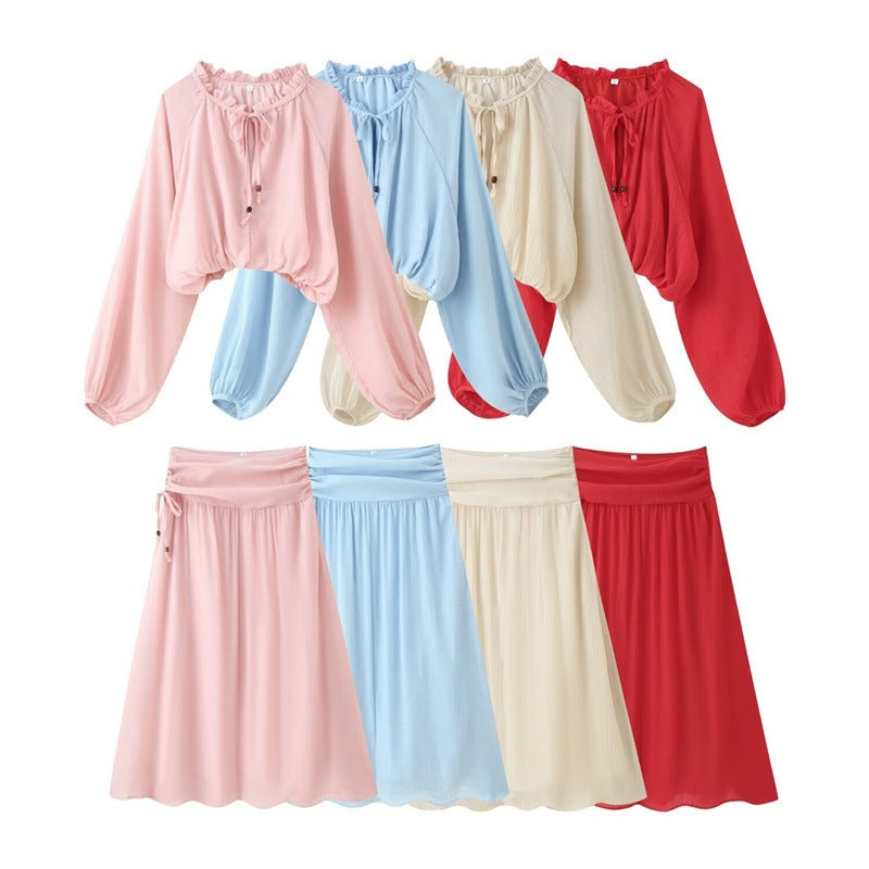 Women's Two-Piece Boho Set with Cropped Ruffle Blouse, Balloon Sleeves and High-Waisted Maxi Skirt Mune Fashion