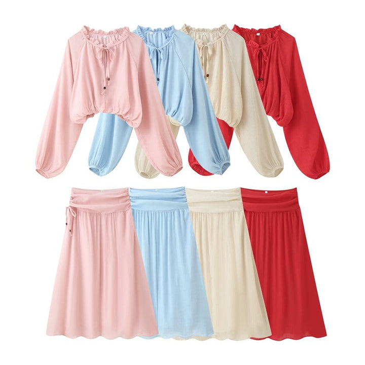 Women's Two-Piece Boho Set with Cropped Ruffle Blouse, Balloon Sleeves and High-Waisted Maxi Skirt Mune Fashion