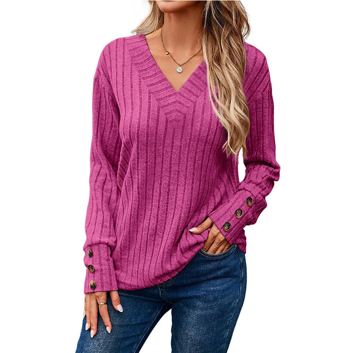 Women's Ribbed V-Neck Knit Sweater with Button Cuffs Mune Fashion