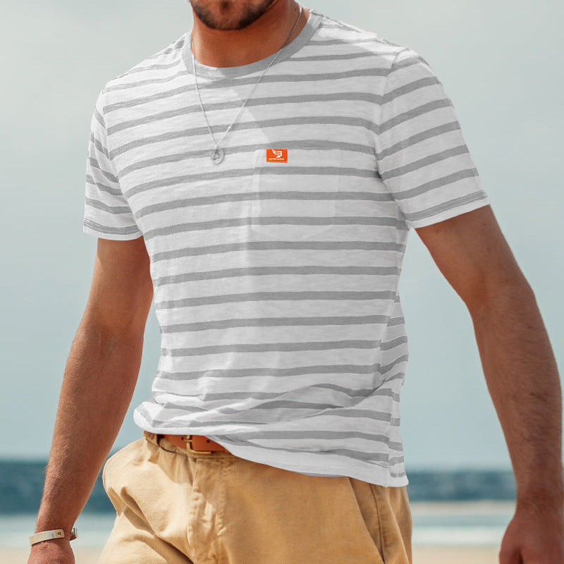 Men's striped short-sleeve T-shirt made of cotton jersey with chest pocket and contrasting round neckline Mune Fashion