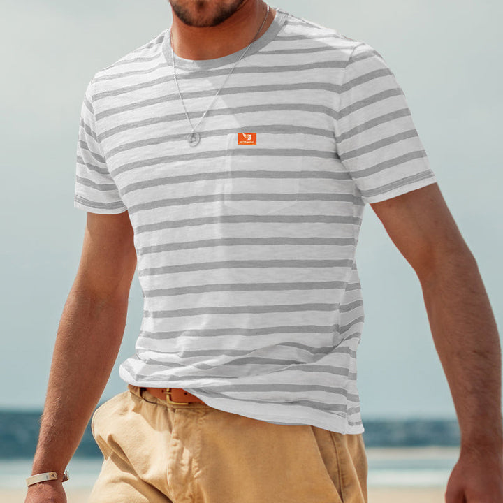 Men's striped short-sleeve T-shirt made of cotton jersey with chest pocket and contrasting round neckline Mune Fashion
