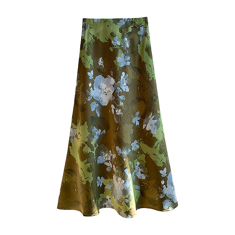 Women's flowing midi skirt with floral print and A-line silhouette in satin-like fabric Mune Fashion